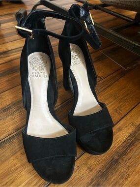 Vince Camuto Black Suede Ankle-Strap Block Heels